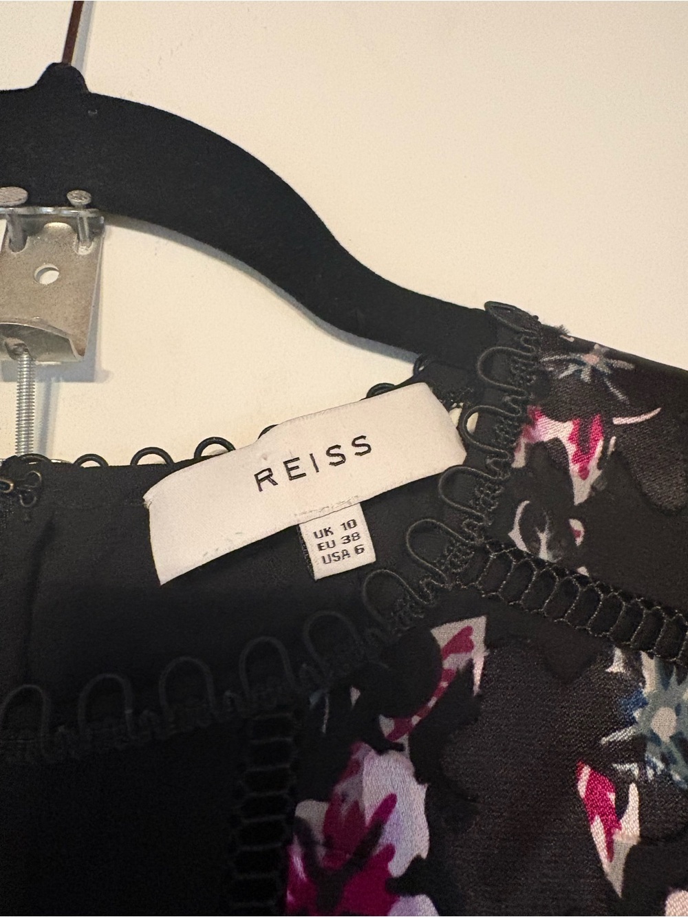 Reiss Floral Black Fit & Flare Dress Size 6 Sheer Ruffle Detail